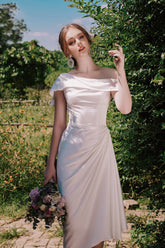Annette Off Shoulder Draped Midi Silk Dress